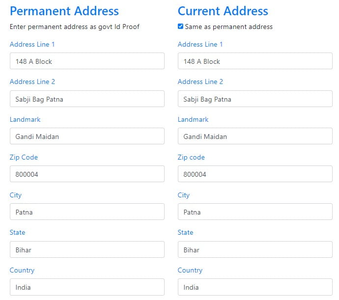 Fill Current Address Same As Permanent Address In JavaScript