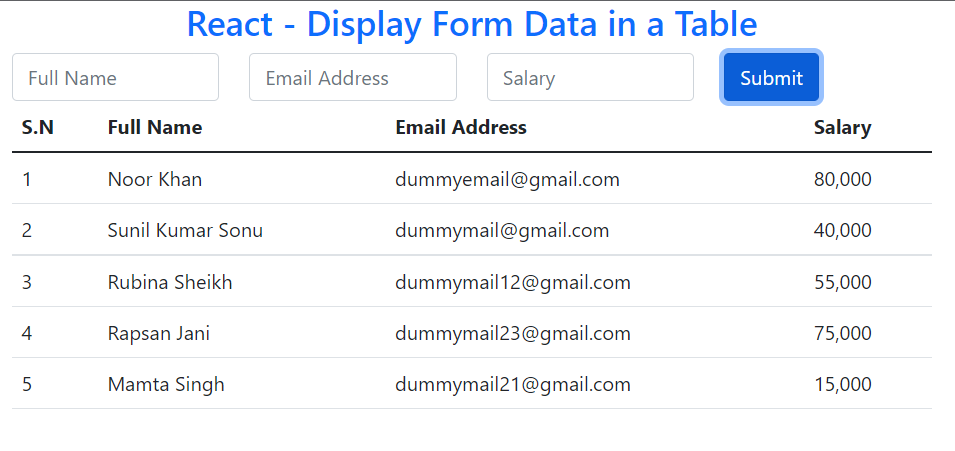 react display form data in table