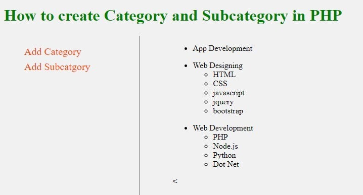 add category and subcategory in php