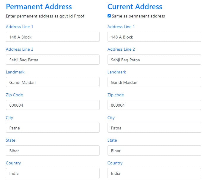 Fill Current Address same as Permanent address in JavaScript